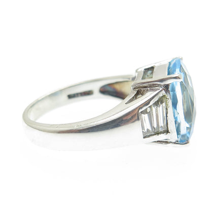 925 Sterling Silver Real Cushion-Cut Blue Topaz & C Z Ring Size 7.25