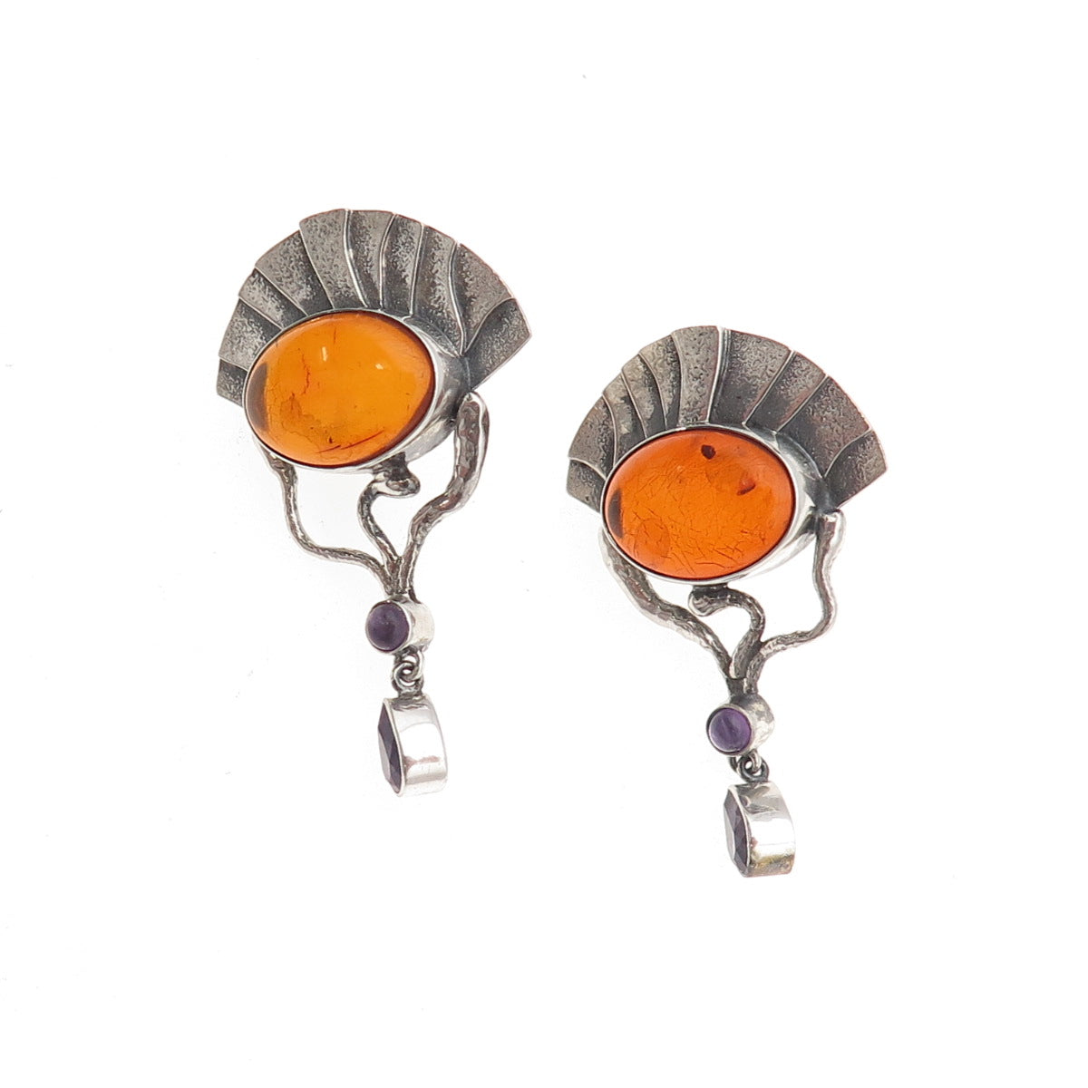 Michou 925 Sterling Silver Vintage Real Amber & Amethyst Modernist Earrings