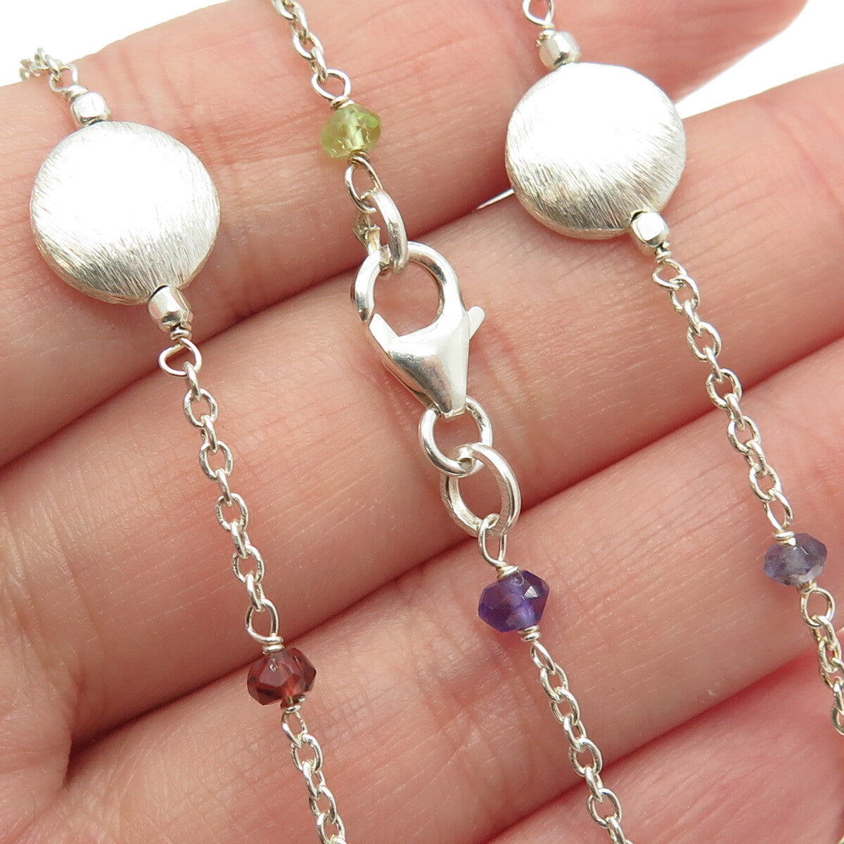 925 Sterling Silver Chalcedony Peridot Citrine Garnet Tanzanite Gem Necklace 40"