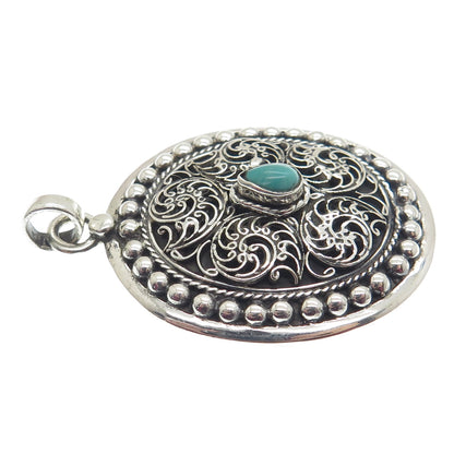 925 Sterling Silver Vintage Real Turquoise Gemstone Beaded Ornate Pendant