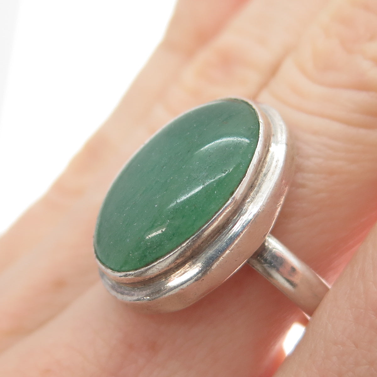 925 Sterling Silver Vintage Real Cabochon Aventurine Modernist Ring Size 8