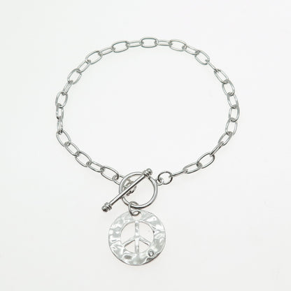 925 Sterling Silver Vintage Round-Cut C Z Peace Symbol Charm Bracelet 6.5"