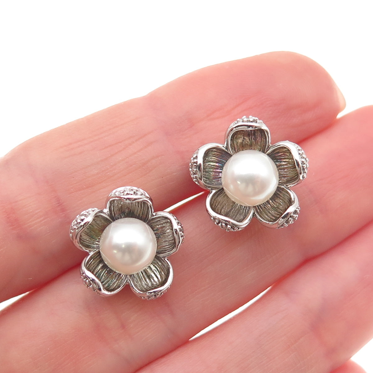 925 Sterling Silver Real Diamond & Pearl Floral Stud Earrings