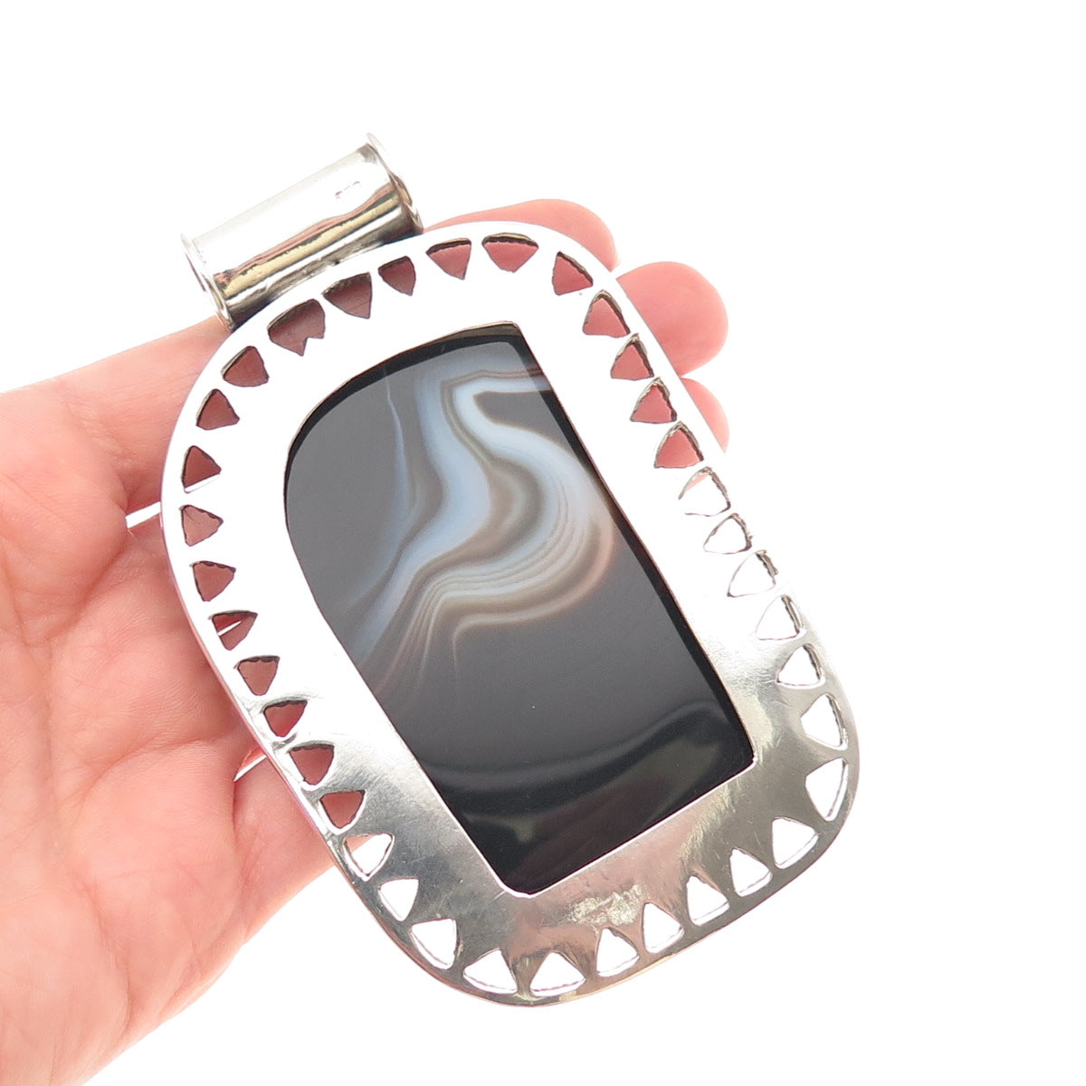 925 Sterling Silver Vintage Real Agate Granulated Heavy 91.8g Pendant