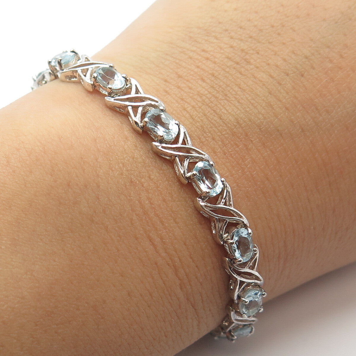 925 Sterling Silver HAN Real Blue Topaz Gemstone Tennis Link Bracelet 6.75"
