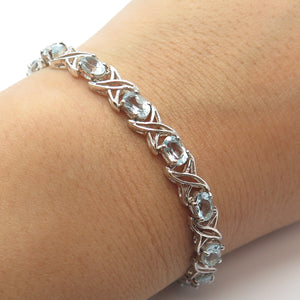925 Sterling Silver HAN Real Blue Topaz Gemstone Tennis Link Bracelet 6.75"