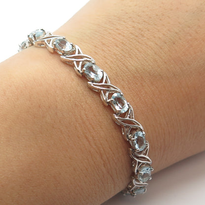 925 Sterling Silver HAN Real Blue Topaz Gemstone Tennis Link Bracelet 6.75"