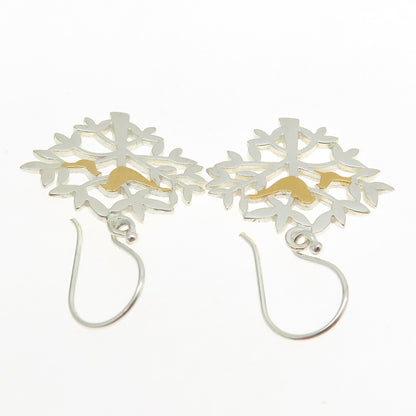925 Sterling Silver 2-Tone Tree & Birds Dangling Earrings