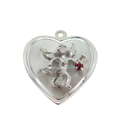 925 Sterling Silver Vintage Red Rhinestone Cupid Angel Heart Love Pendant