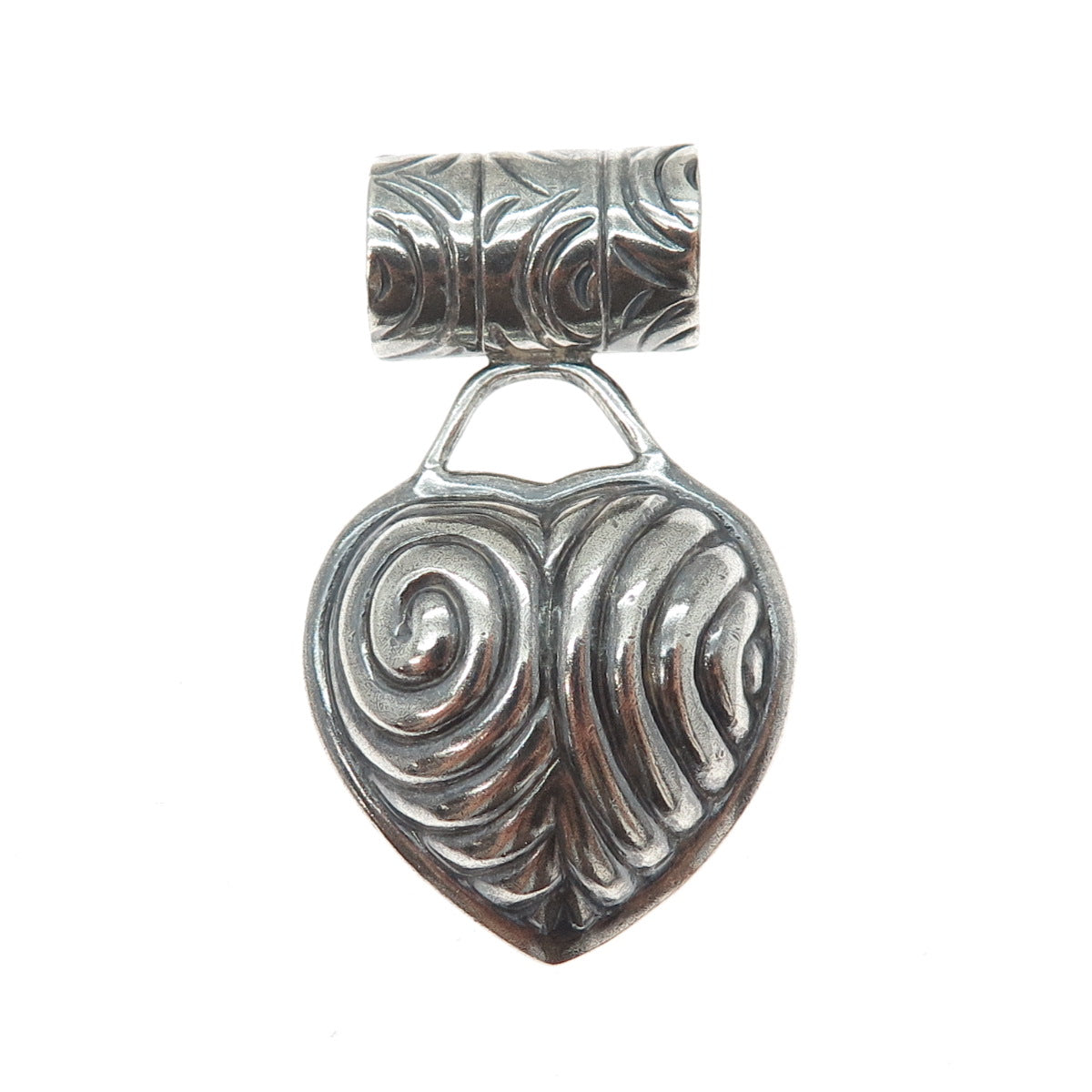 925 Sterling Silver Vintage Modernist Ornate Heart Oxidized Slide Pendant