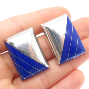 925 Sterling Silver Vintage Mexico Real Lapis Lazuli Modernist Clip On Earrings
