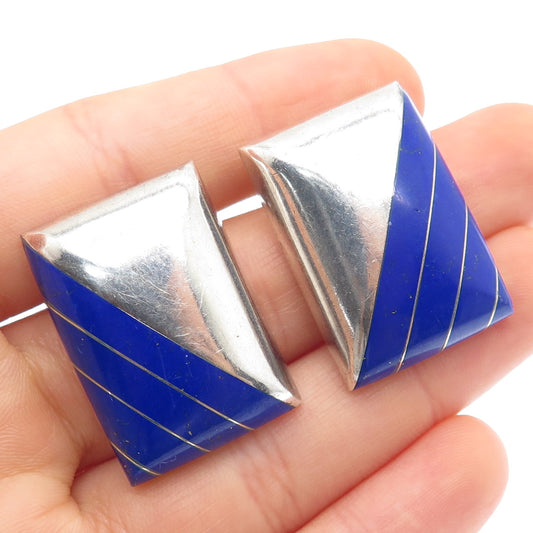 925 Sterling Silver Vintage Mexico Real Lapis Lazuli Modernist Clip On Earrings
