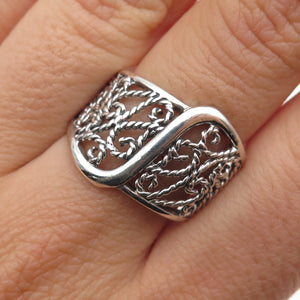 925 Sterling Silver Vintage Modernist Filigree Oxidized Ring Size 8