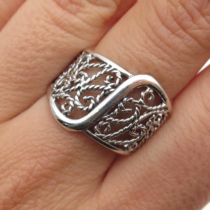 925 Sterling Silver Vintage Modernist Filigree Oxidized Ring Size 8