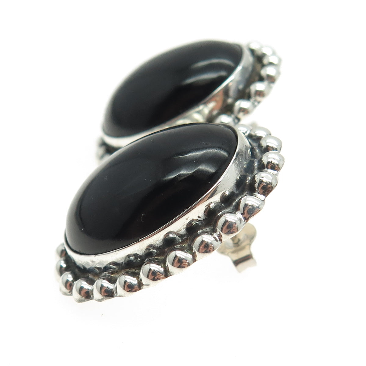 925 Sterling Silver Vintage CII Mexico Real Cabochon Black Onyx Beaded Earrings