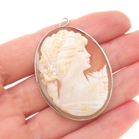 800 Silver 2-Tone Antique Art Deco Real MOP Lady Cameo Pin Brooch / Pendant