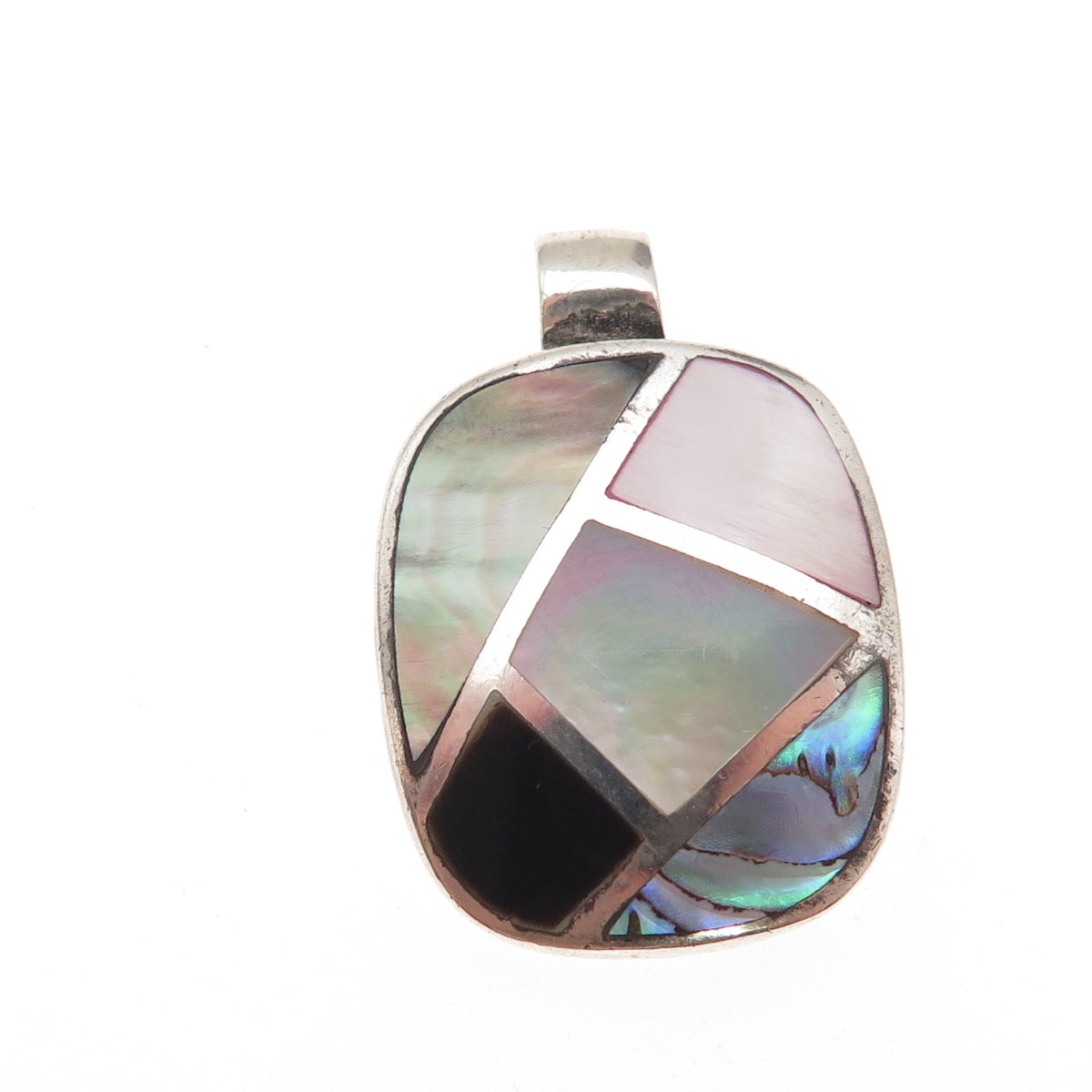 925 Sterling Silver Vintage Real MOP & Abalone Shell Mosaic Charm Pendant
