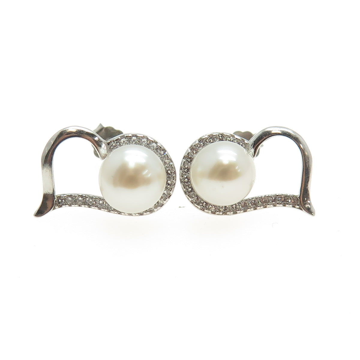 925 Sterling Silver Real Pearl & C Z Open Heart Stud Earrings