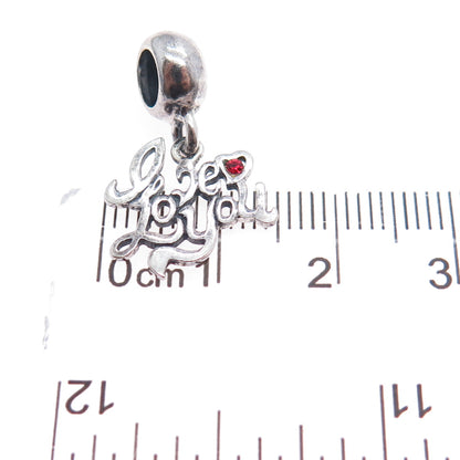 925 Sterling Silver Vintage Red Rhinestone Love You Minimalist Charm Pendant