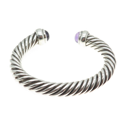 925 Sterling Silver Vintage Amethyst Gem Twisted Cuff Heavy Bracelet 6.75"