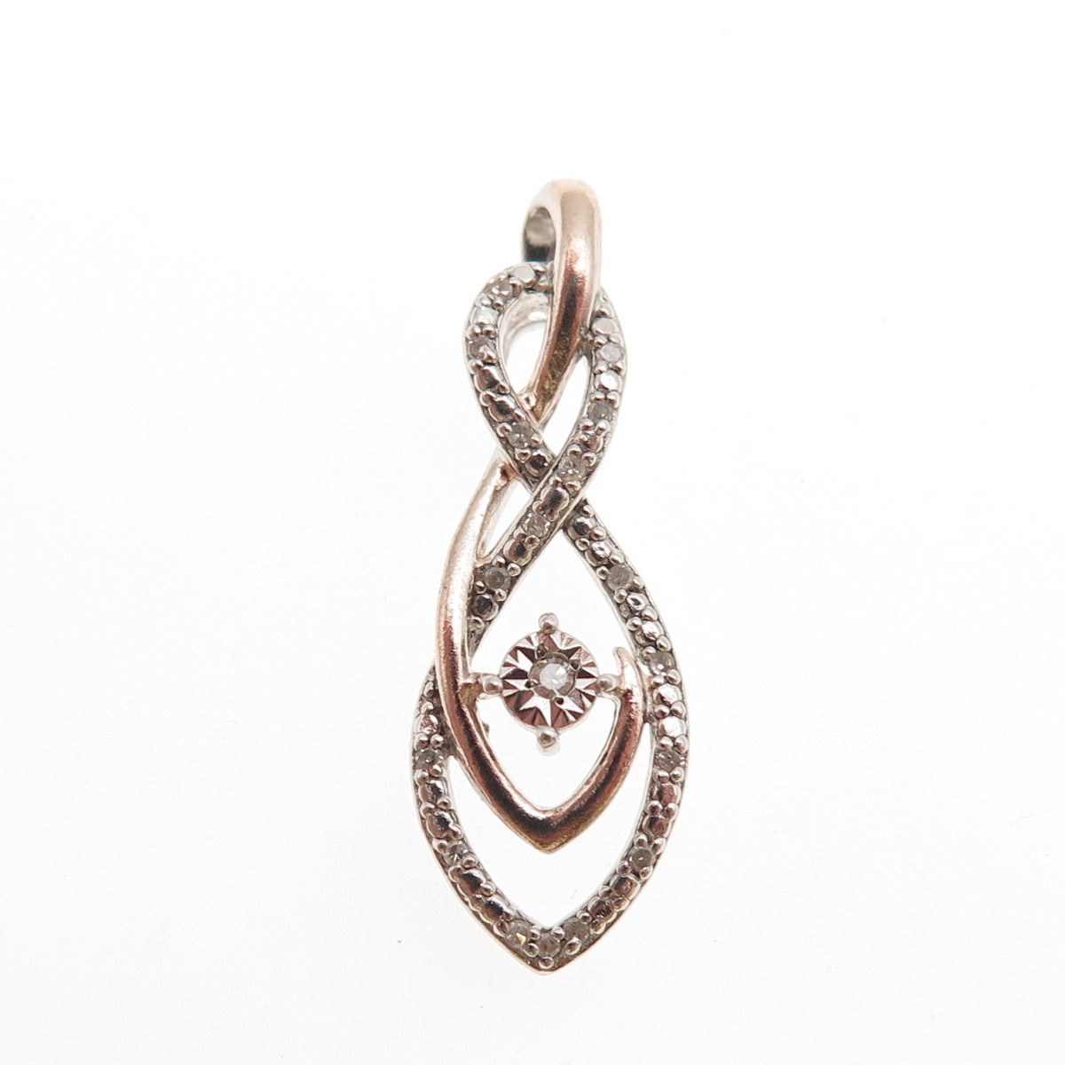 Sun 925 Sterling Silver 2-Tone Real Round-Cut Diamond Infinity Charm Pendant