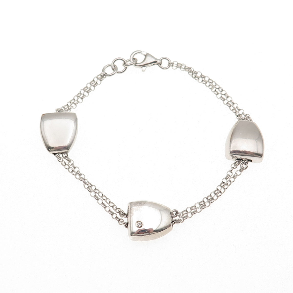 925 Sterling Silver C Z Modernist Station 2-Row Rolo Link Bracelet 6.75"