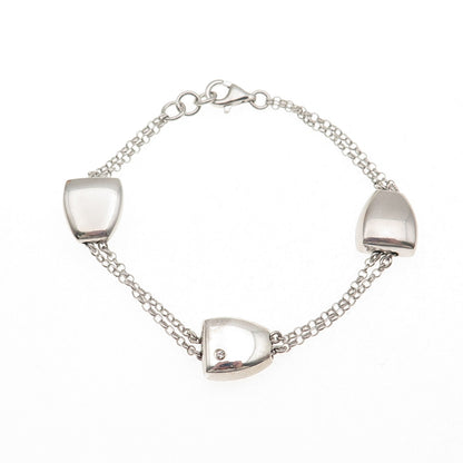 925 Sterling Silver C Z Modernist Station 2-Row Rolo Link Bracelet 6.75"