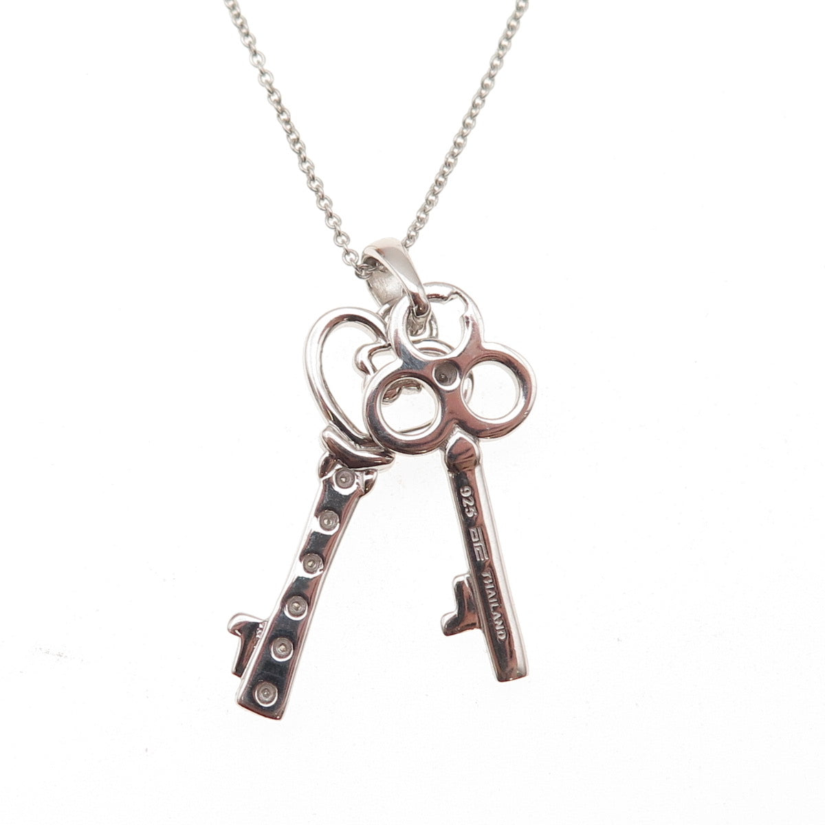 925 Sterling Silver Real Diamond Heart & Club Key Cable Chain Necklace 18"