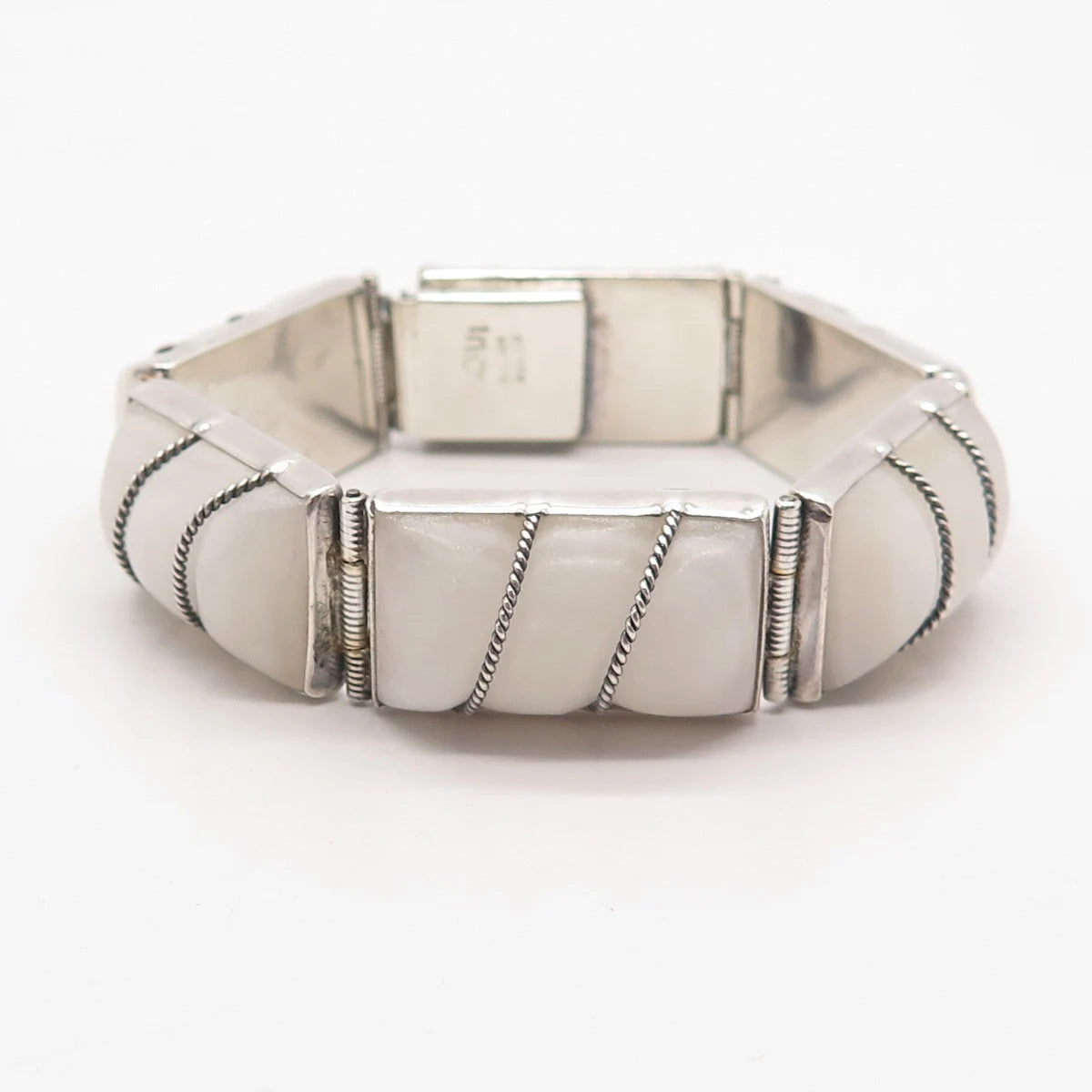 925 Sterling Silver Vintage Mexico Real White Agate Gem Panel Link Bracelet 6"