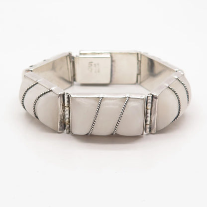 925 Sterling Silver Vintage Mexico Real White Agate Gem Panel Link Bracelet 6"