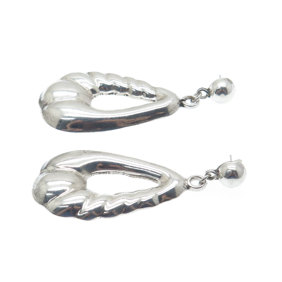 925 Sterling Silver Vintage Mexico Modernist Puffy Teardrop Dangle Earrings
