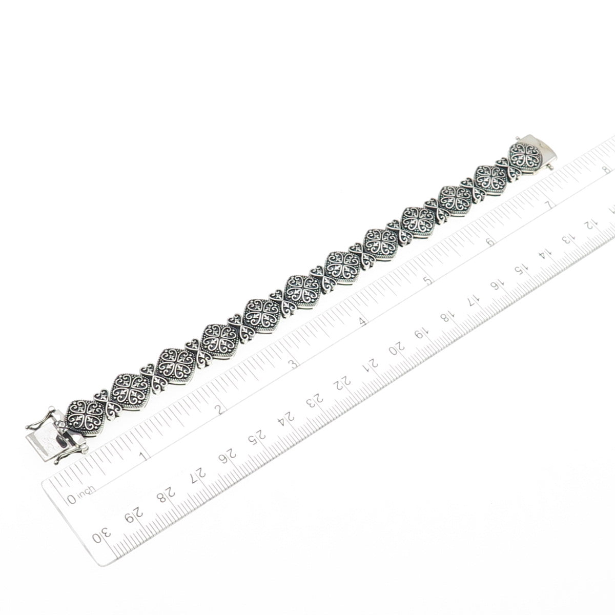 925 Sterling Silver Vintage Ornate Heart Floral Oxidized Bracelet 7"