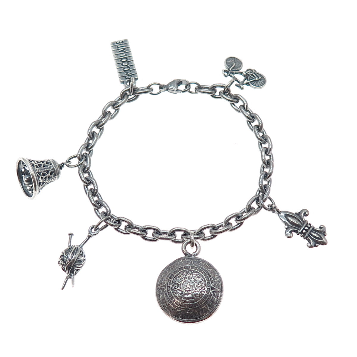 SUNDANCER 925 Sterling Silver Vintage Multi-Charms Oxidized Bracelet 6.75"