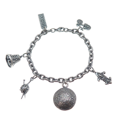 SUNDANCER 925 Sterling Silver Vintage Multi-Charms Oxidized Bracelet 6.75"