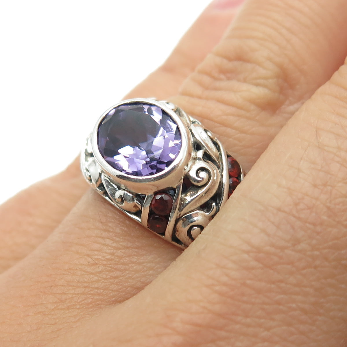 925 Sterling Silver Vintage Real Amethyst & Red Garnet Swirl Ring Size 7