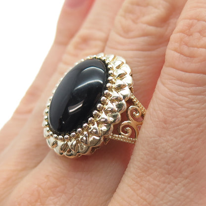 HN HENG NGAI Sterling Silver Gold Plated Vintage Real Black Onyx Ring Size 9.25