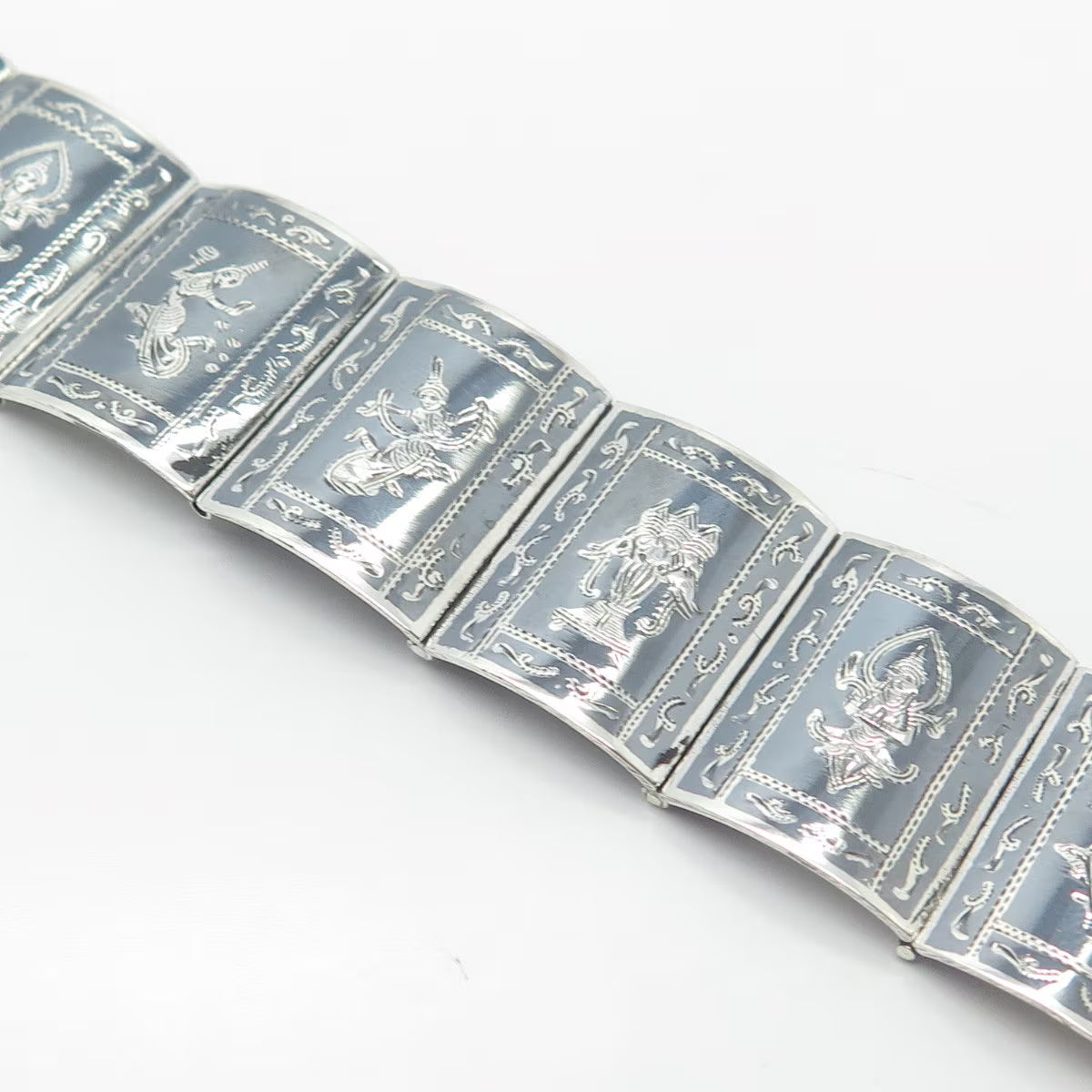925 Sterling Silver Vintage Niello Hindu Goddess Panel Link Bracelet 6.5"