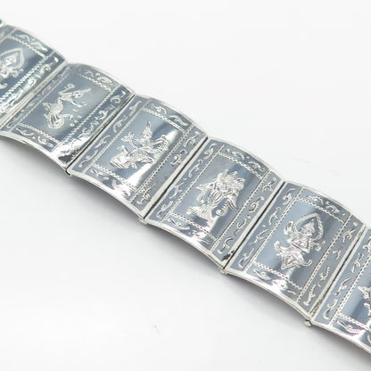 925 Sterling Silver Vintage Niello Hindu Goddess Panel Link Bracelet 6.5"