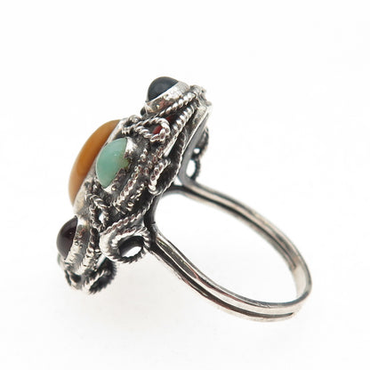 925 Sterling Vintage Tiger Eye Agate Garnet Moonstone & Amazonite Ring Size 9.25