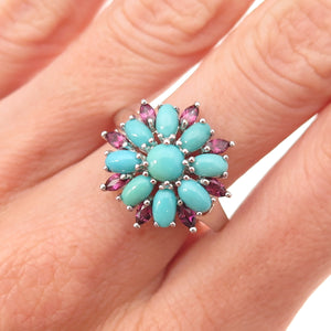 925 Sterling Silver Real Sleeping Beauty Turquoise & Tourmaline Ring Size 8.25