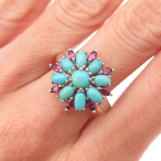 925 Sterling Silver Real Sleeping Beauty Turquoise & Tourmaline Ring Size 8.25
