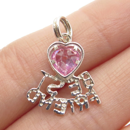 925 Sterling Silver Vintage Pink Heart-Cut Shaped C Z "Best Friend" Pendant