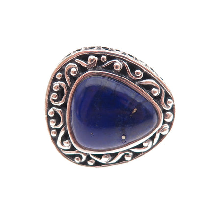925 Sterling Silver Vintage Real Lapis Modernist Scroll Oxidized Ring Size 7