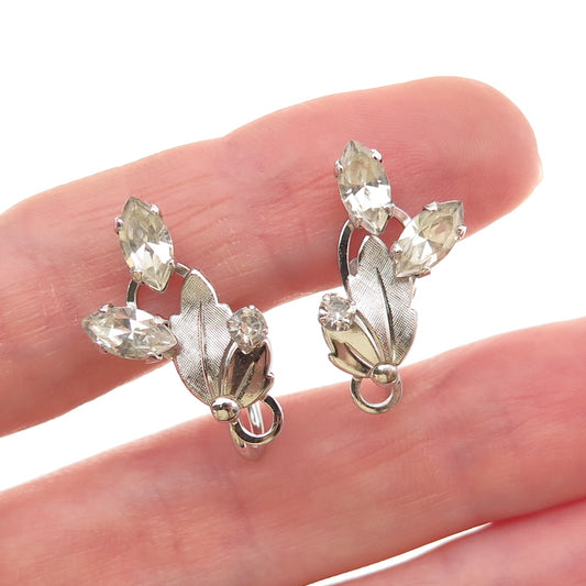 Van Dell Sterling Silver Antique Art Deco Rhinestone Floral Screw Back Earrings
