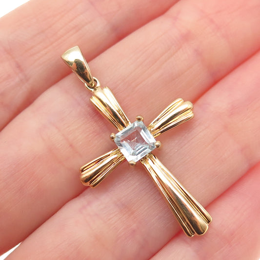 925 Sterling Silver Gold Plated Vintage Real Blue Topaz Cross Charm Pendant