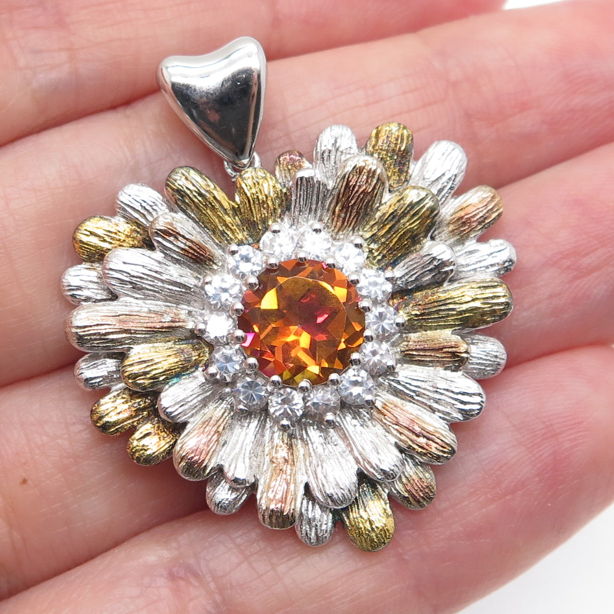 CHUCK CLEMENCY Sterling Silver 3-Tone Real Fire Quartz C Z Flower Heart Pendant