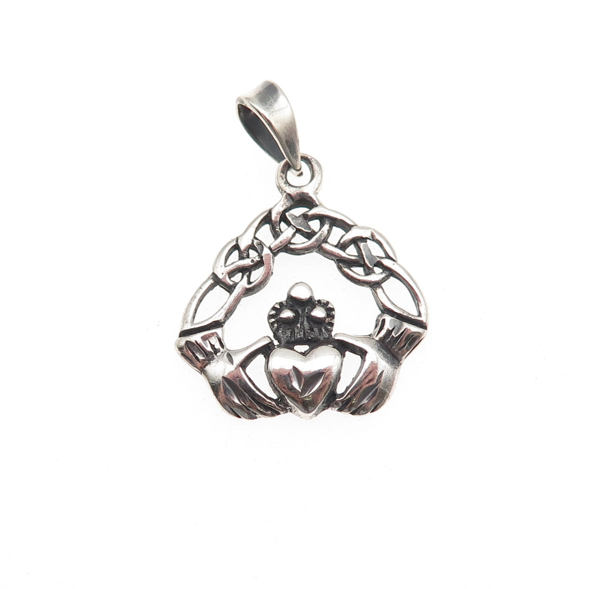925 Sterling Silver Vintage Irish Claddagh Oxidized Charm Pendant
