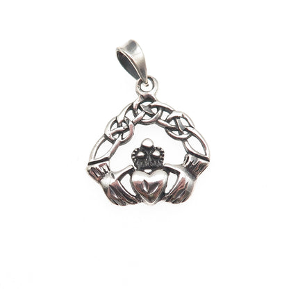 925 Sterling Silver Vintage Irish Claddagh Oxidized Charm Pendant