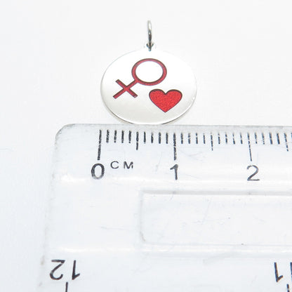 925 Sterling Silver Red Enamel Female Sign & Heart Minimalist Charm Pendant