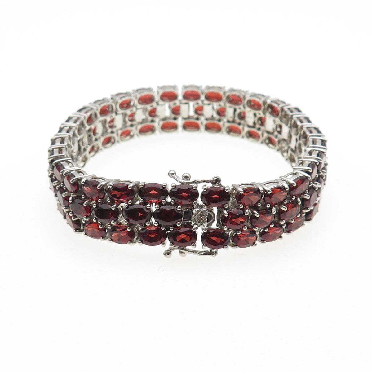 925 Sterling Silver Vintage Real Oval-Cut Red Garnet 3-Row Link Bracelet 7.5"